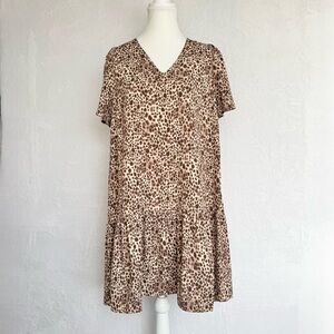 A NEW DAY V Neck Mini Dress XS Leopard Short‎ Sleeve Ruffle Hem Slip On Casual
